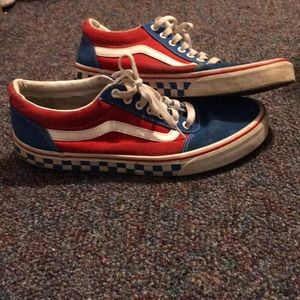 blue and red vans w checkered design on sole